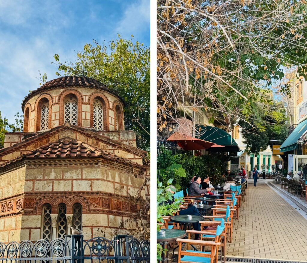 Centrum Psiri, ulica Agion Anargyron z zabytkowym kościółkiem, Ateny