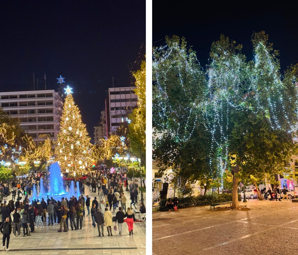 Plac Syntagma nocą i choinka, Ateny