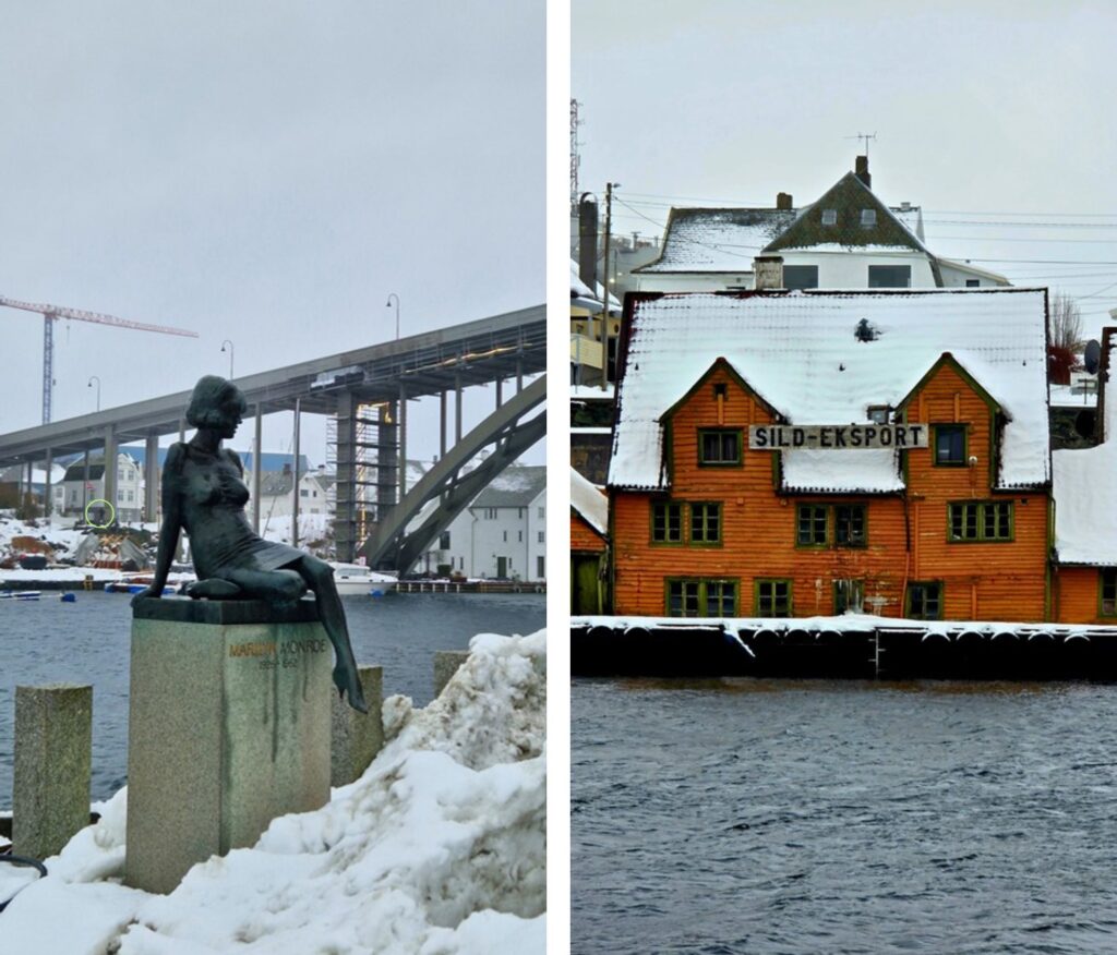 Haugesund na weekend Rzeźba Marilyn Monroe w Haugesund, a w tle posąg Ola Flytt w Haugesund