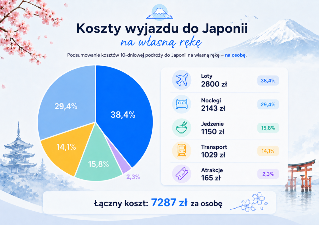 Ile kosztuje wyjazd do Japonii na własną rękę? Zestawienie kosztów Graf z rozbiciem kosztów wyjazdu do Japonii