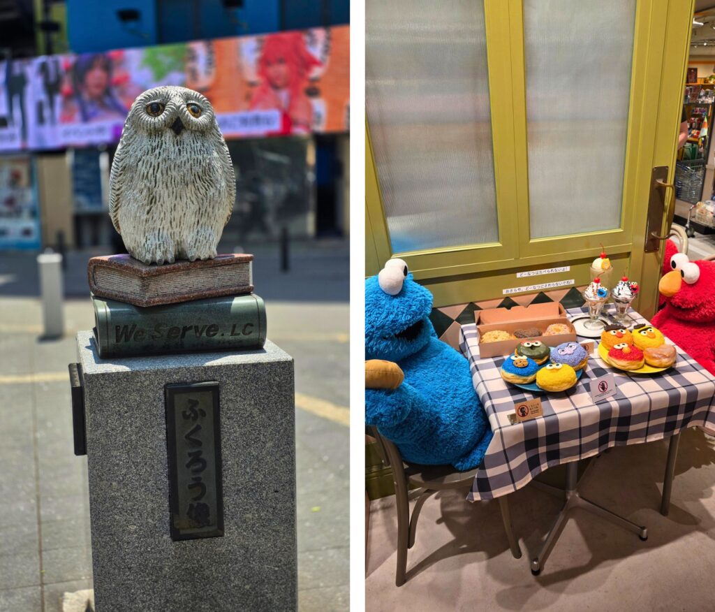 Tokio – co warto zobaczyć? Plan wycieczki na 4 dni Ikebukuro, Tokio, sowa i postaci z Ulicy Sezamkowej (Potwór Ciasteczkowy i Elmo)