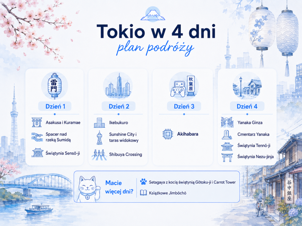 Tokio – co warto zobaczyć? Plan wycieczki na 4 dni Tokio w 4 dni - plan podróży, infografika