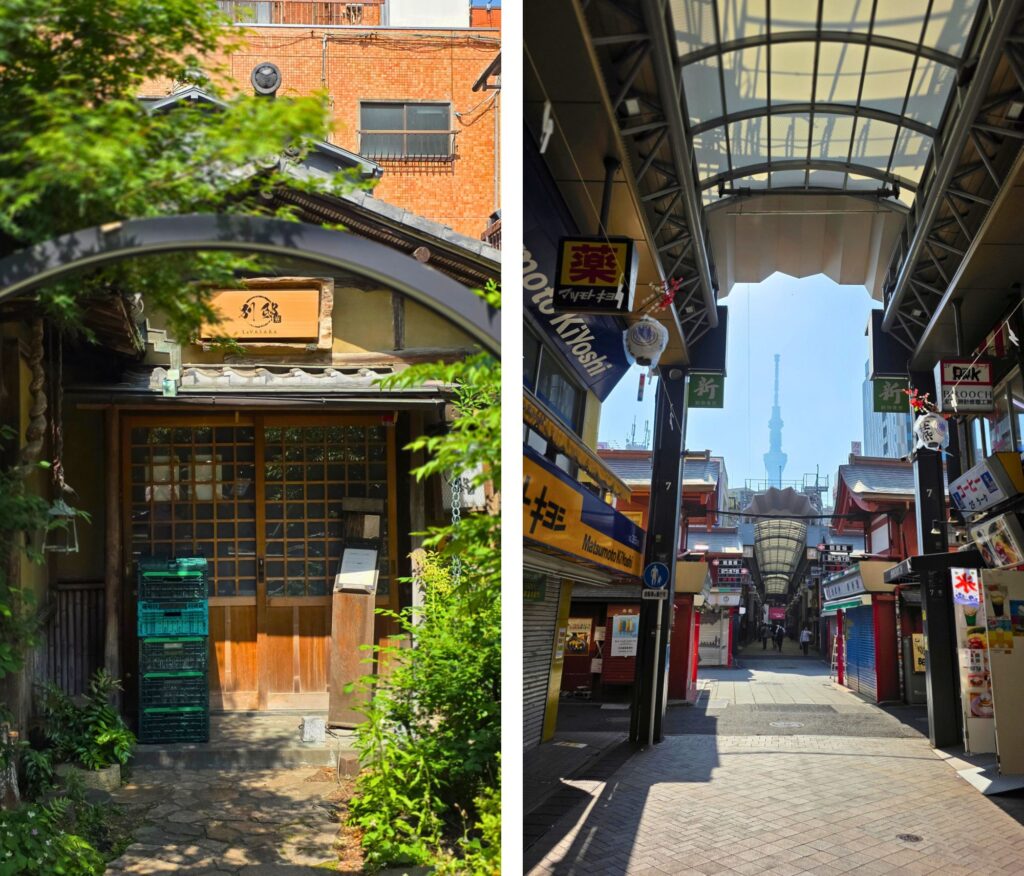 Tokio – co warto zobaczyć? Plan wycieczki na 4 dni Uliczki Asakusy w Tokio, w tle Tokyo Skytree