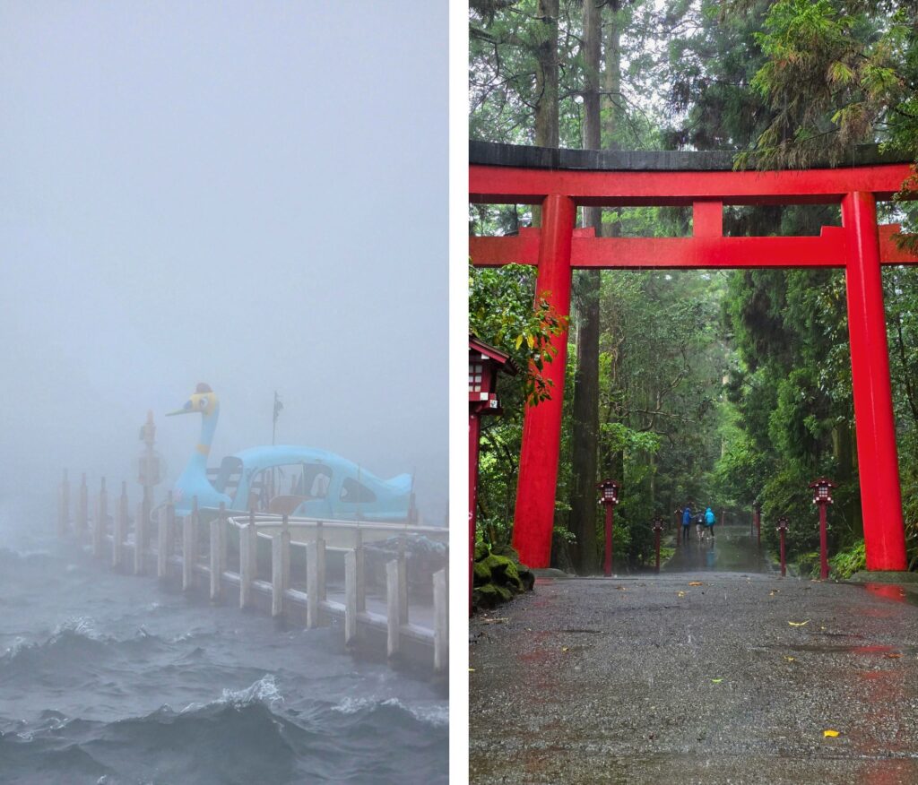 Hakone w deszczu. Czy to ma sens? Port Motohakone-ko we mgle oraz wejście do Hakone-jinja